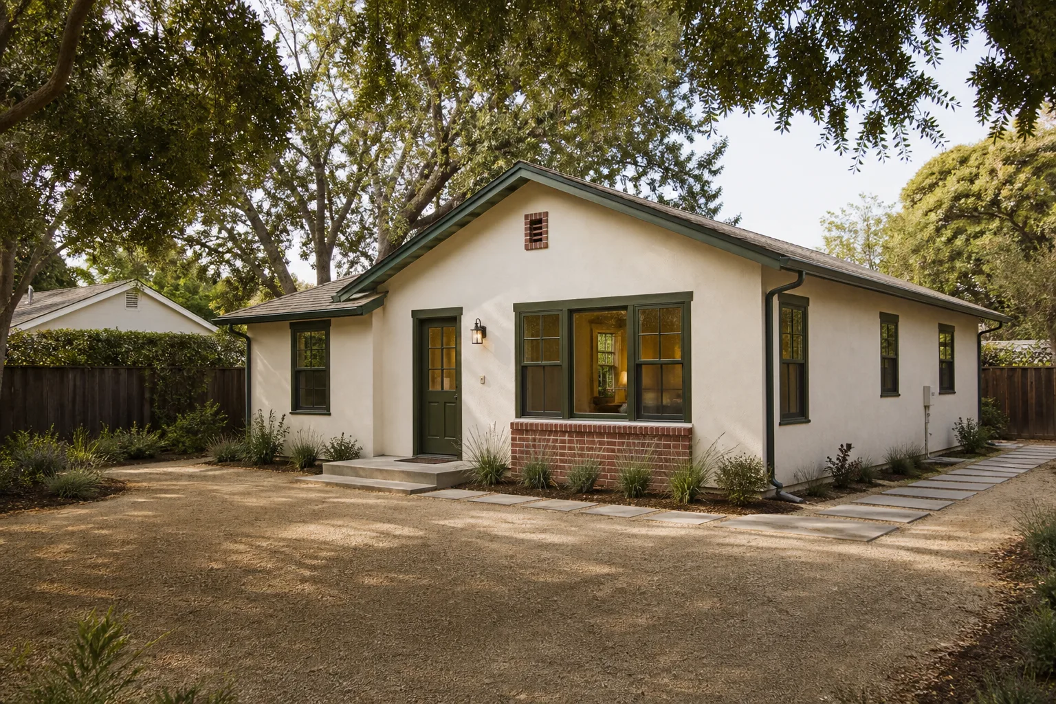 AI design concept of a complete detached backyard ADU beneath mature trees